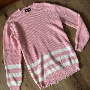 Ser.o.ya‎ nyc Devin Pink and white varsity distressed sweater dress size xsmall